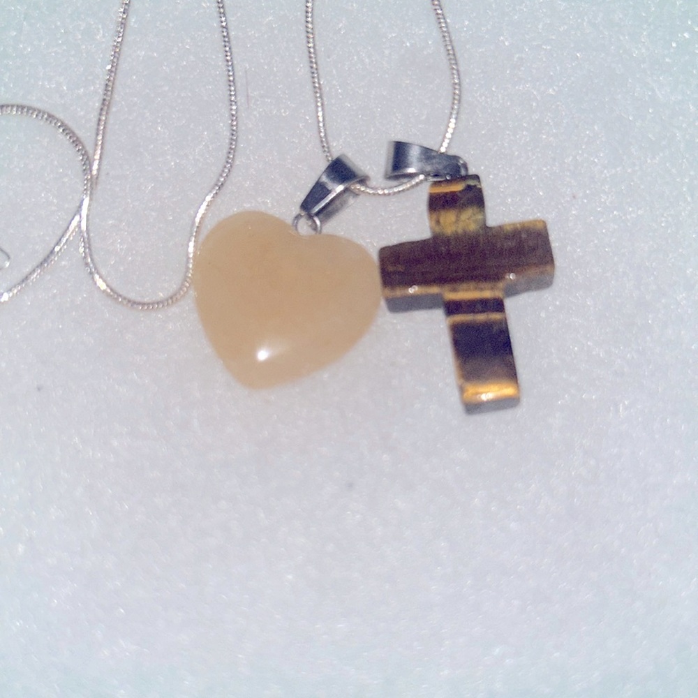 Boho Hippie Tigers Eye Cross and Aventurine Heart Sterling Silver Necklace 18” - Picture 6 of 6